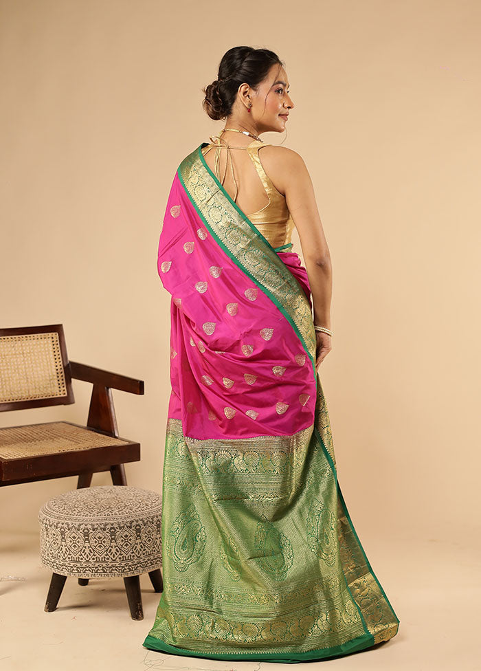 Pink Handloom Kanjivaram Pure Silk Saree With Blouse Piece