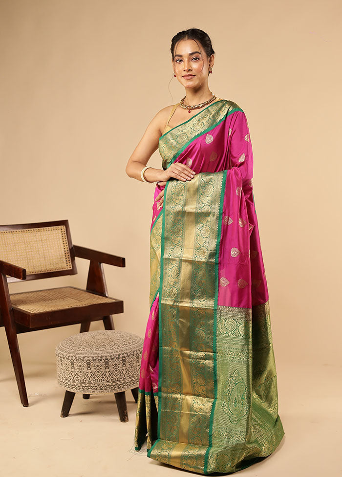 Pink Handloom Kanjivaram Pure Silk Saree With Blouse Piece