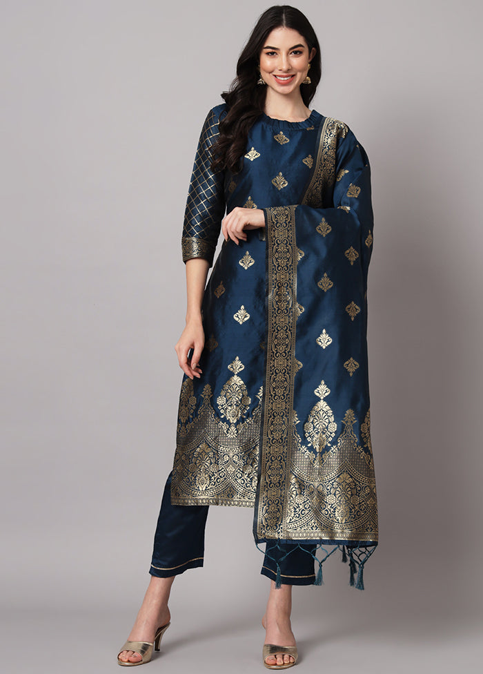 3 Pc Blue Readymade Cotton Dupatta Suit Set