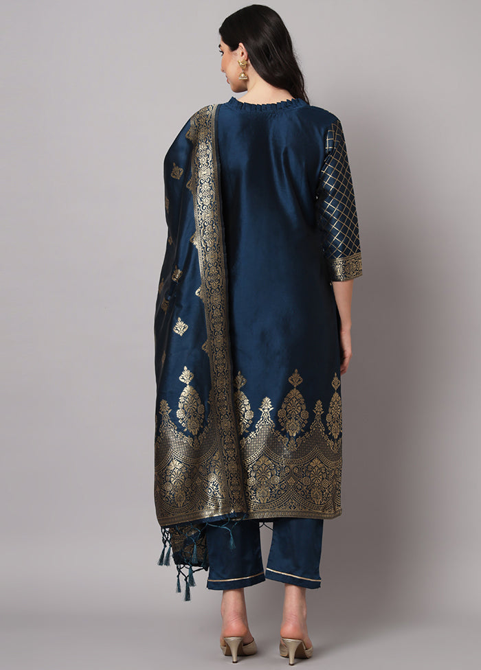 3 Pc Blue Readymade Cotton Dupatta Suit Set