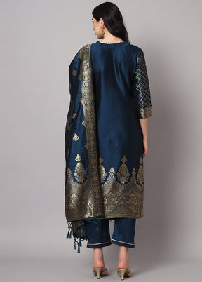 3 Pc Blue Readymade Cotton Dupatta Suit Set