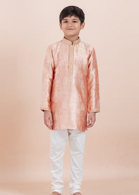 Orange Jacquard Silk Kurta & Pajama Set
