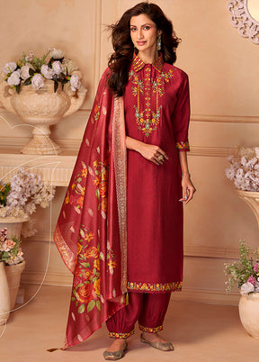 3 Pc Maroon Silk Suit Set