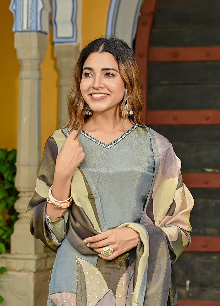 3 Pc Grey Silk Suit Set