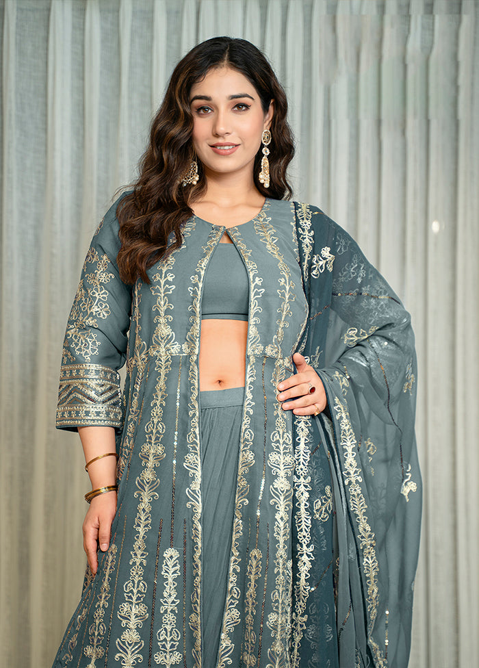 3 Pc Grey Georgette Suit Set