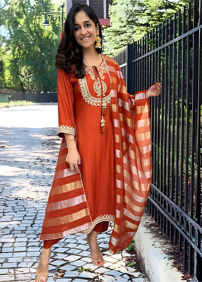 3 Pc Orange Silk Suit Set