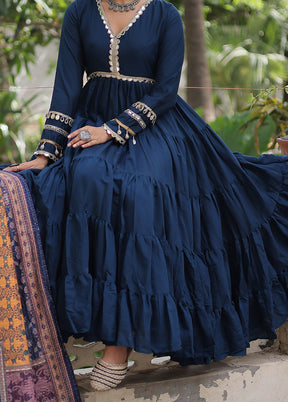 Blue Printed Work Silk Gown With Dupatta Set
