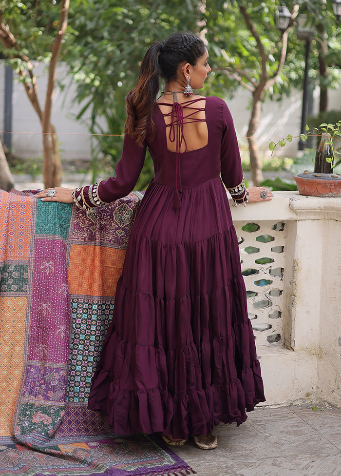 Wine Printed Work Silk Gown With Dupatta Set Wine Printed Work Silk Gown With Dupatta Set