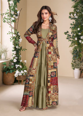 Green Embroidery Work Georgette Gown With Shrug Set