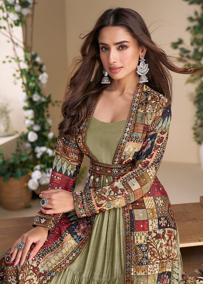 Green Embroidery Work Georgette Gown With Shrug Set