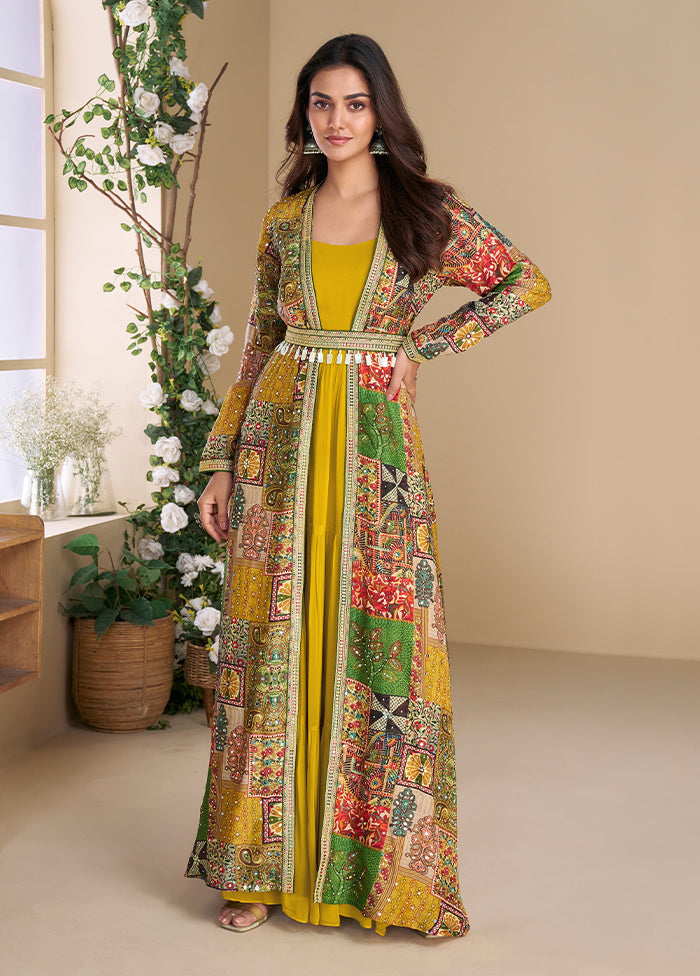 Yellow Embroidery Work Georgette Gown With Shrug Set