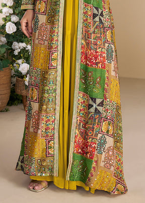 Yellow Embroidery Work Georgette Gown With Shrug Set