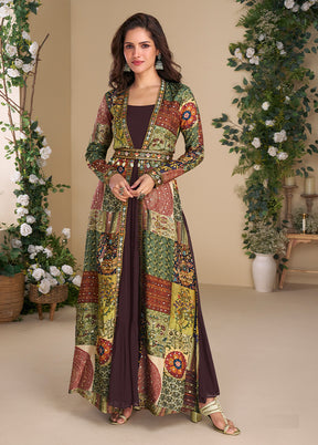 Brown Embroidery Work Georgette Gown With Shrug Set