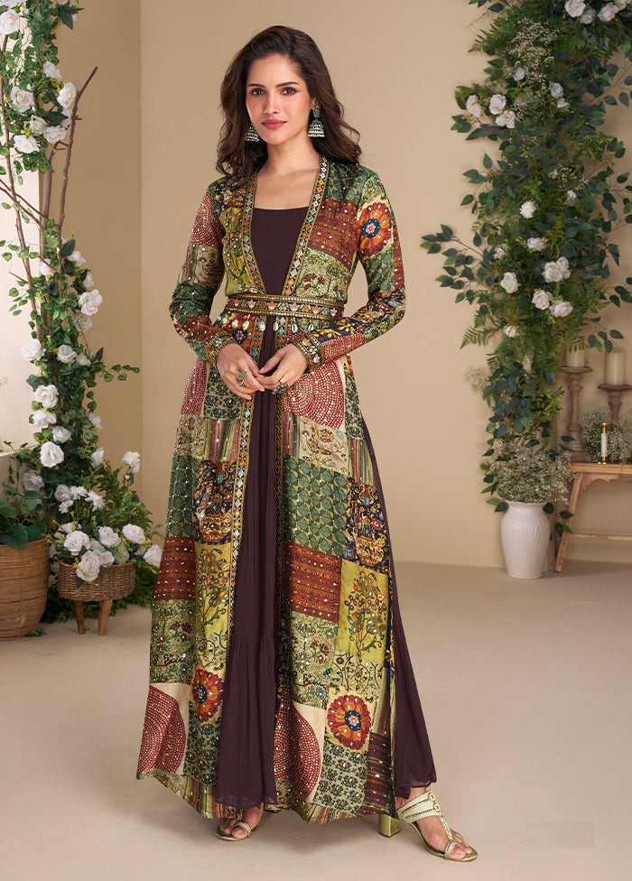 Brown Embroidery Work Georgette Gown With Shrug Set
