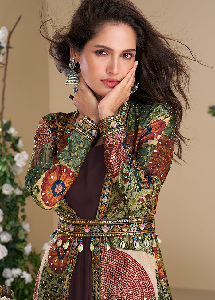 Brown Embroidery Work Georgette Gown With Shrug Set
