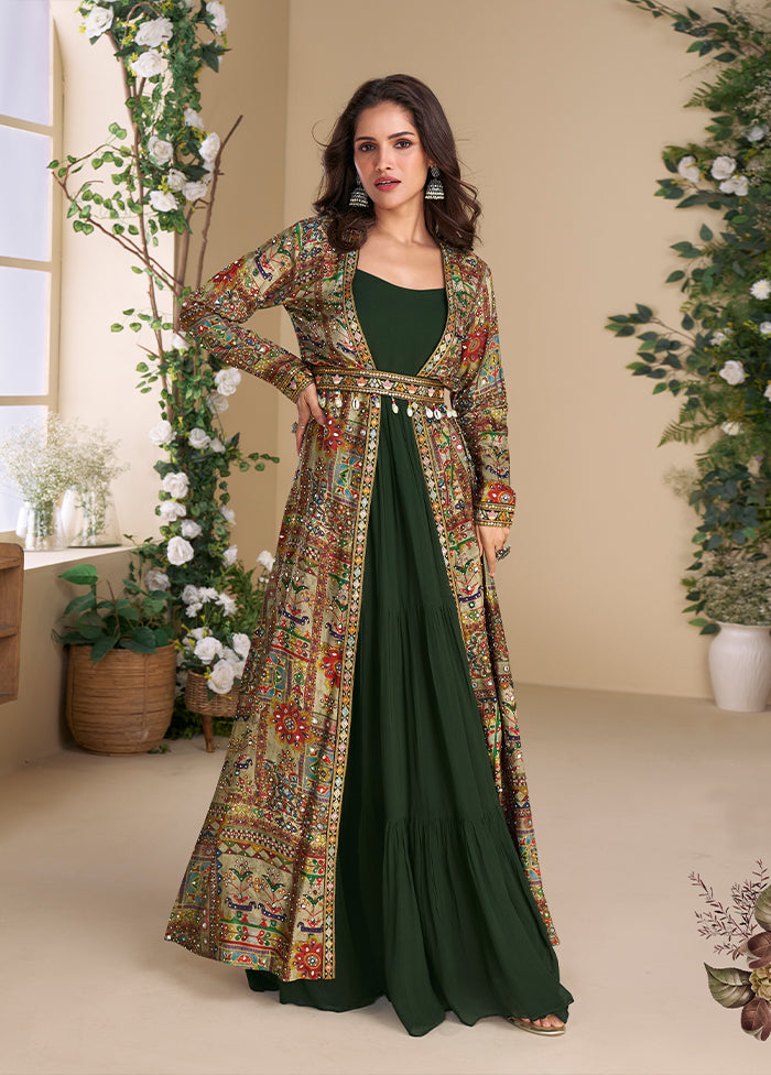 Green Embroidery Work Georgette Gown With Shrug Set