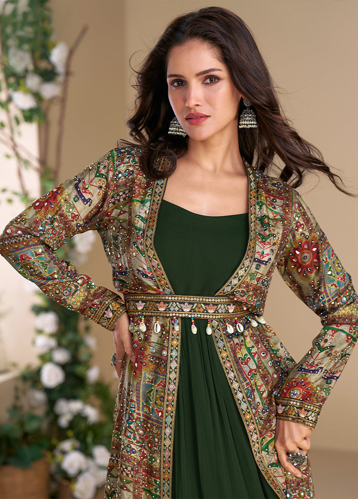 Green Embroidery Work Georgette Gown With Shrug Set