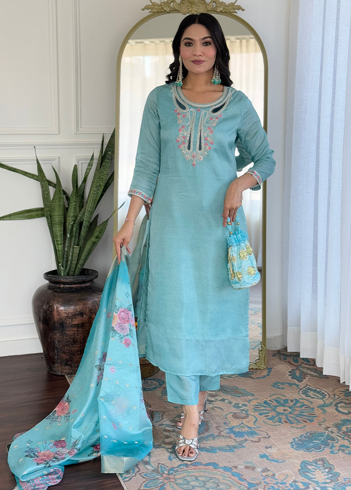 3 Pc Blue Silk Suit Set