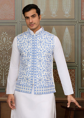 White Silk Kurta & Pajama With Jacket Set