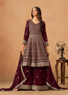 3 Pc Maroon Georgette Plazzo Suit Set