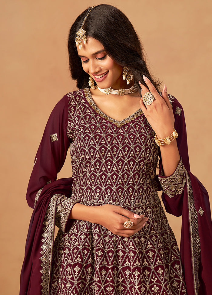 3 Pc Maroon Georgette Plazzo Suit Set