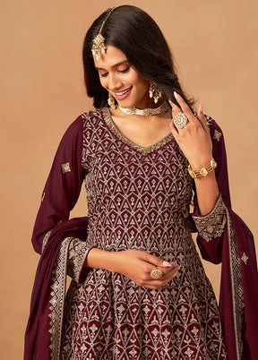 3 Pc Maroon Georgette Plazzo Suit Set