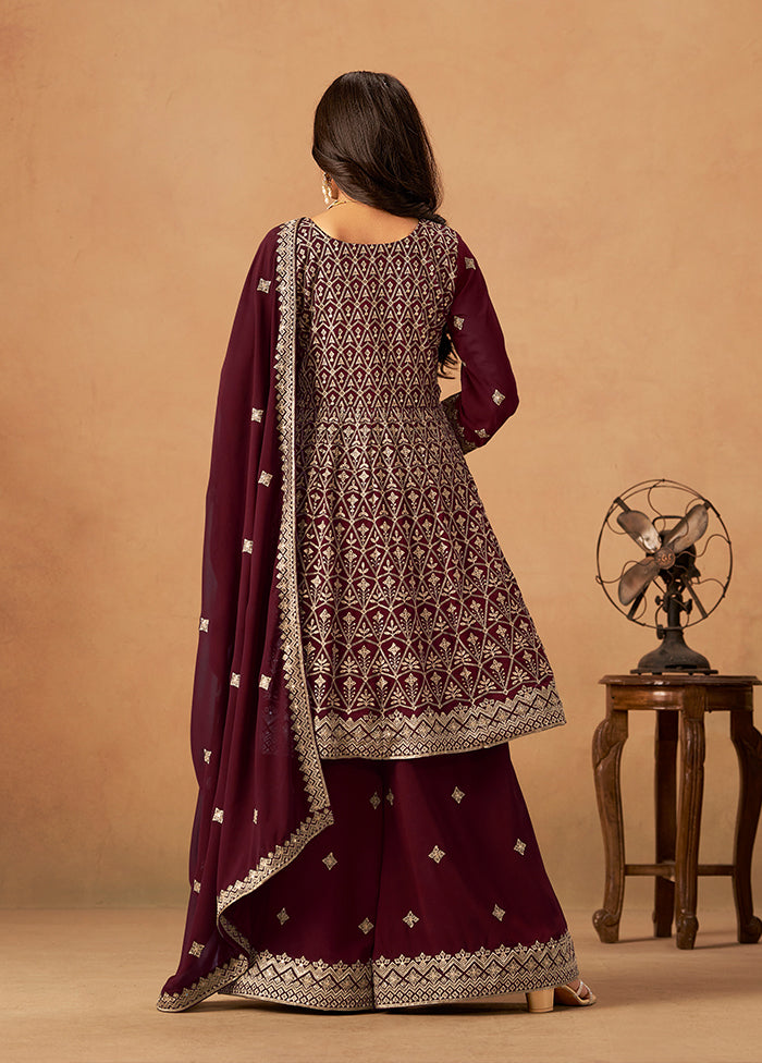3 Pc Maroon Georgette Plazzo Suit Set