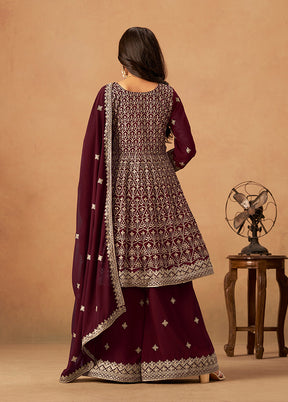 3 Pc Maroon Georgette Plazzo Suit Set