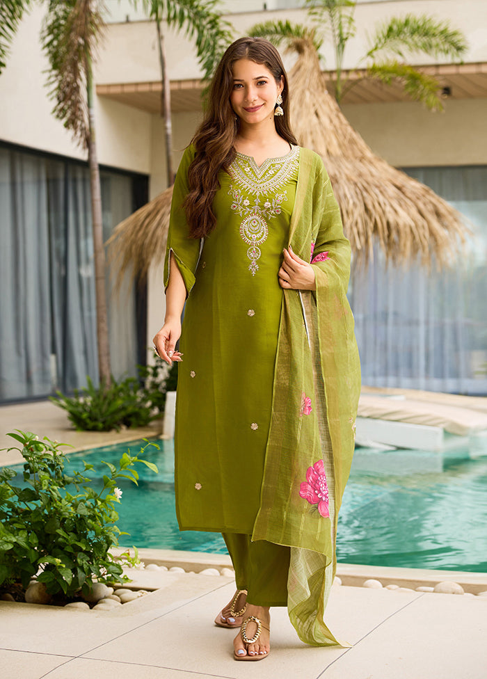 3 Pc Green Silk Suit Set
