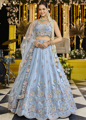 Blue Blended Silk Lehenga Set