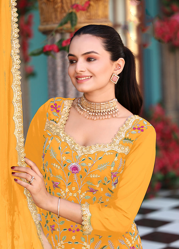 3 Pc Yellow Georgette Plazzo Skirt Suit Set