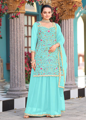 3 Pc Green Georgette Plazzo Skirt Suit Set