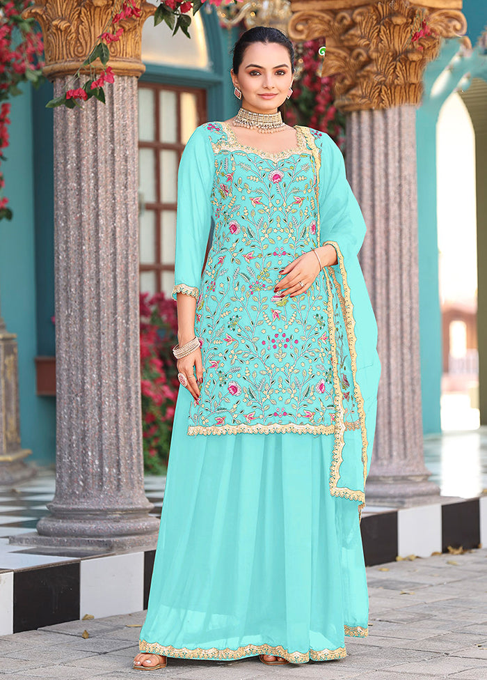 3 Pc Green Georgette Plazzo Skirt Suit Set