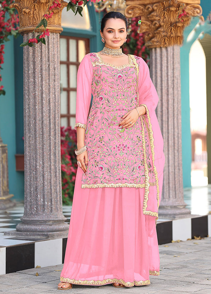 3 Pc Pink Georgette Plazzo Skirt Suit Set