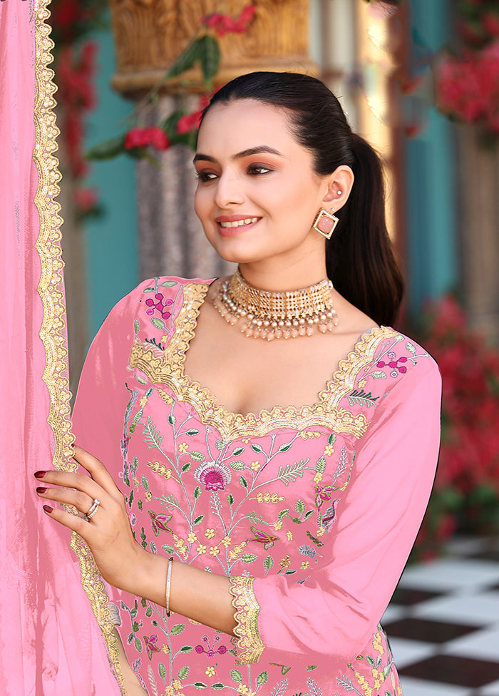 3 Pc Pink Georgette Plazzo Skirt Suit Set