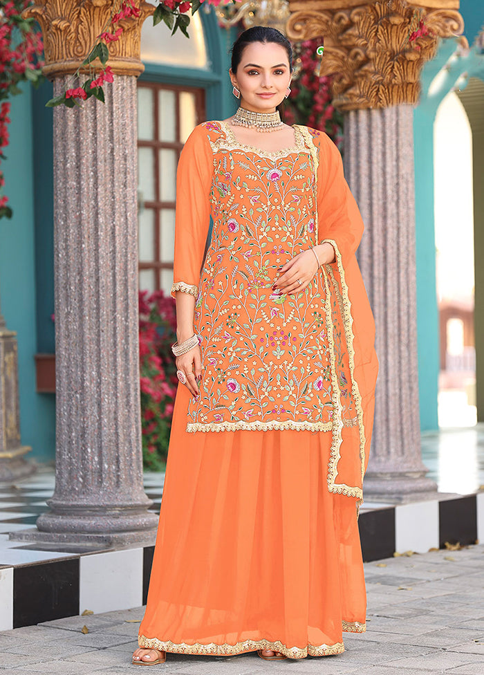 3 Pc Orange Georgette Plazzo Skirt Suit Set