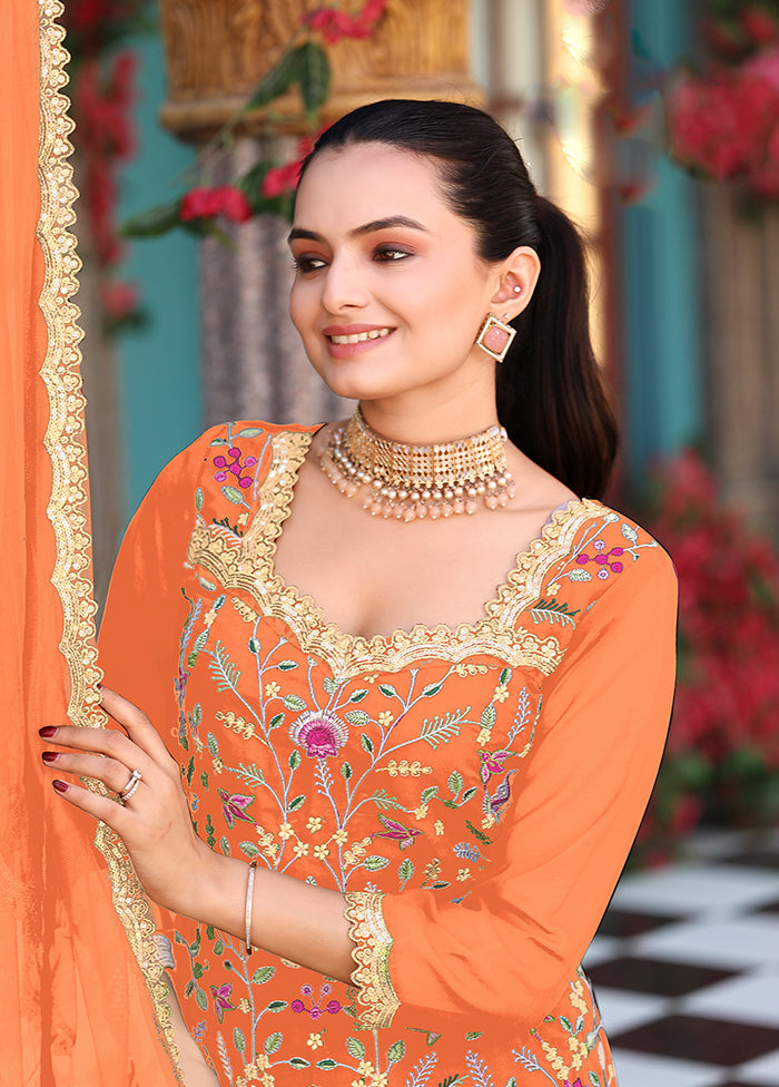 3 Pc Orange Georgette Plazzo Skirt Suit Set