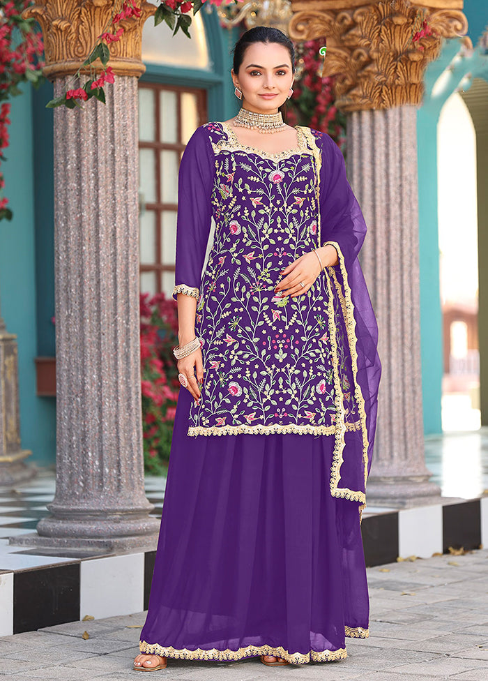 3 Pc Purple Georgette Plazzo Skirt Suit Set
