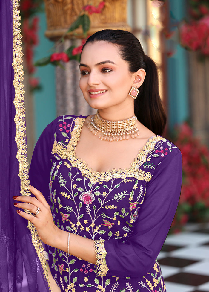 3 Pc Purple Georgette Plazzo Skirt Suit Set