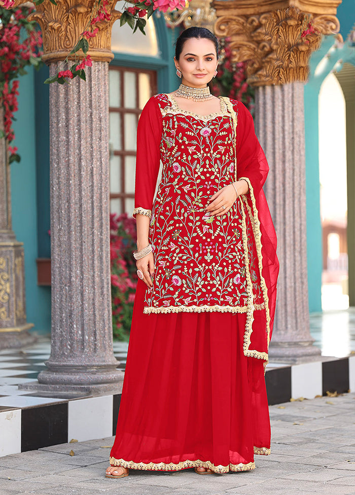 3 Pc Red Georgette Plazzo Skirt Suit Set