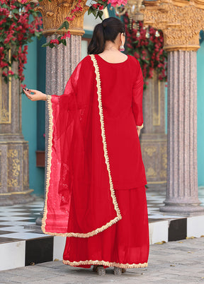 3 Pc Red Georgette Plazzo Skirt Suit Set