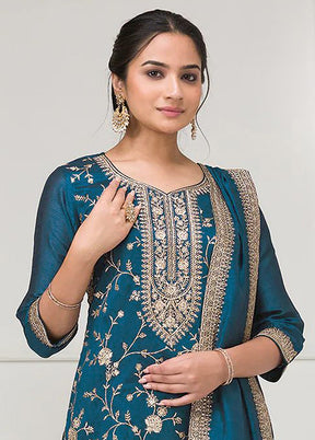 3 Pc Blue Silk Plazzo Suit Set