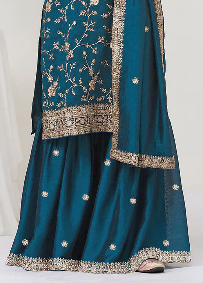 3 Pc Blue Silk Plazzo Suit Set