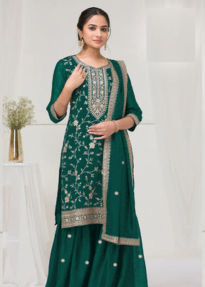 3 Pc Green Silk Plazzo Suit Set
