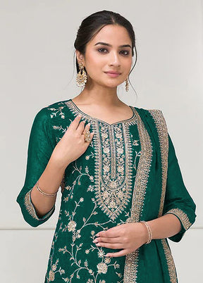 3 Pc Green Silk Plazzo Suit Set