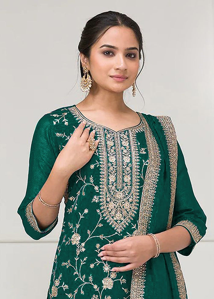 3 Pc Green Silk Plazzo Suit Set