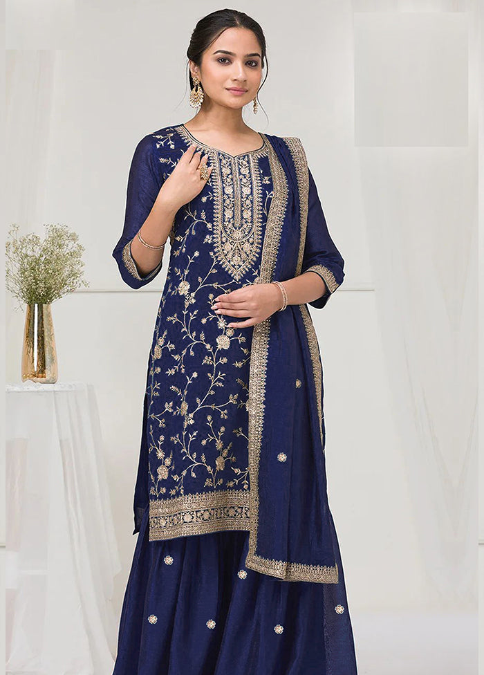 3 Pc Blue Silk Plazzo Suit Set