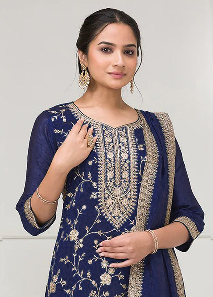 3 Pc Blue Silk Plazzo Suit Set