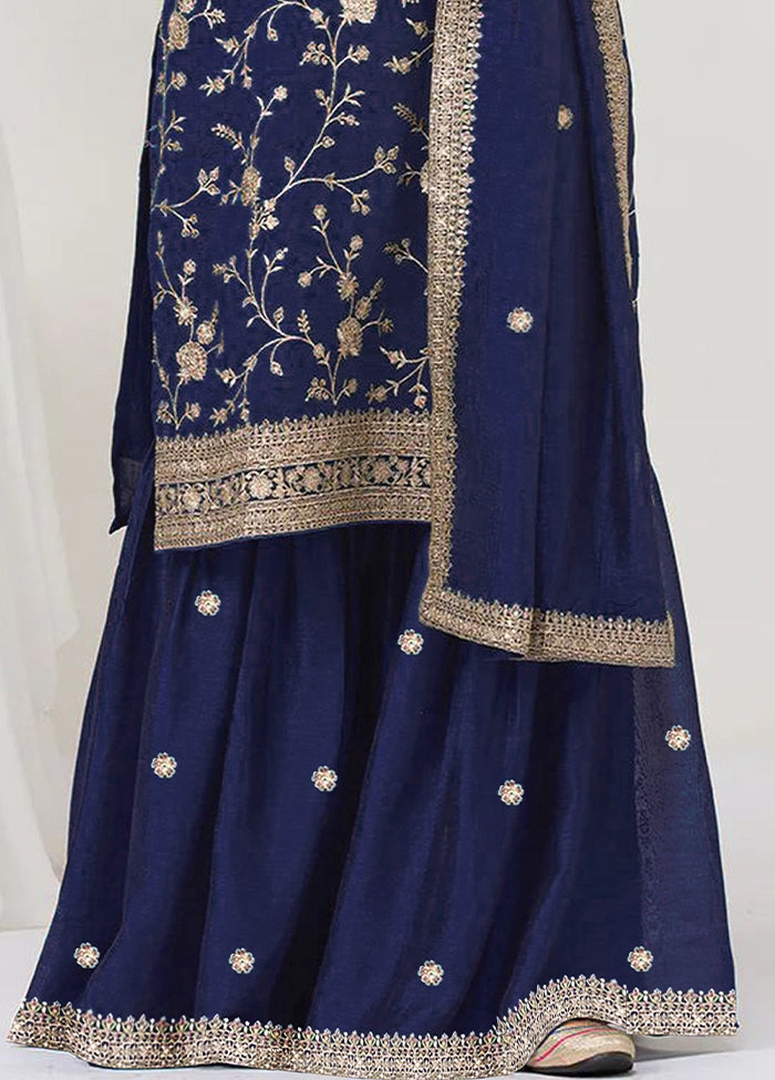 3 Pc Blue Silk Plazzo Suit Set