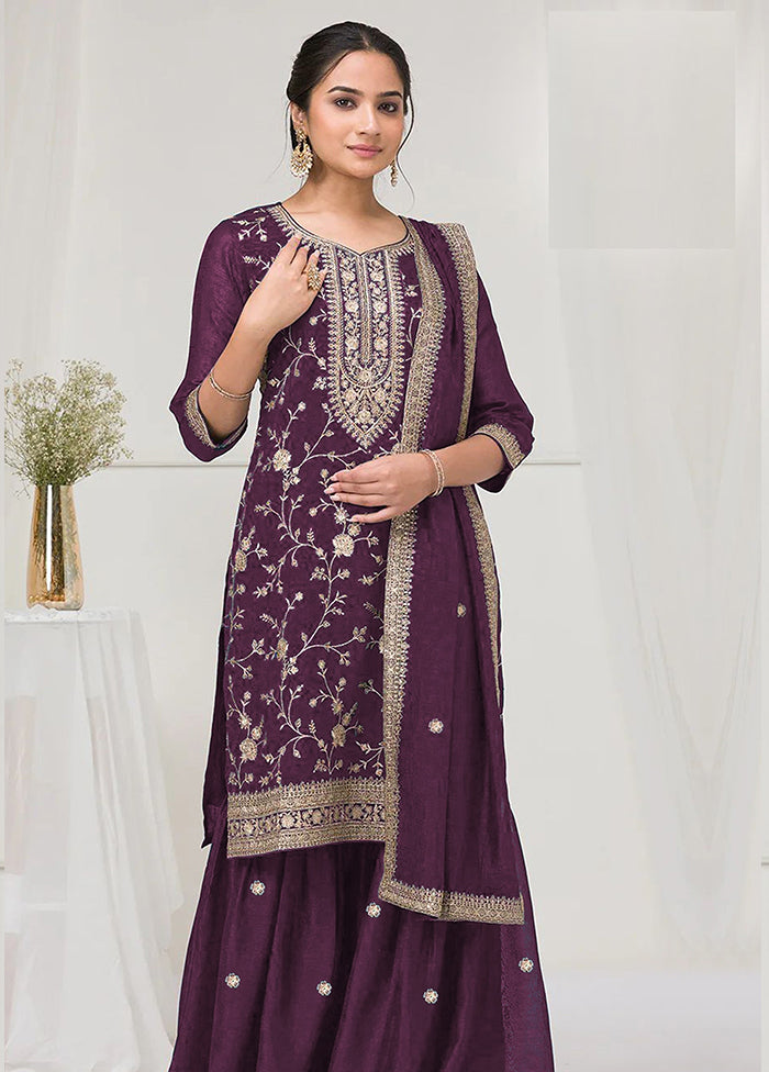 3 Pc Purple Silk Plazzo Suit Set